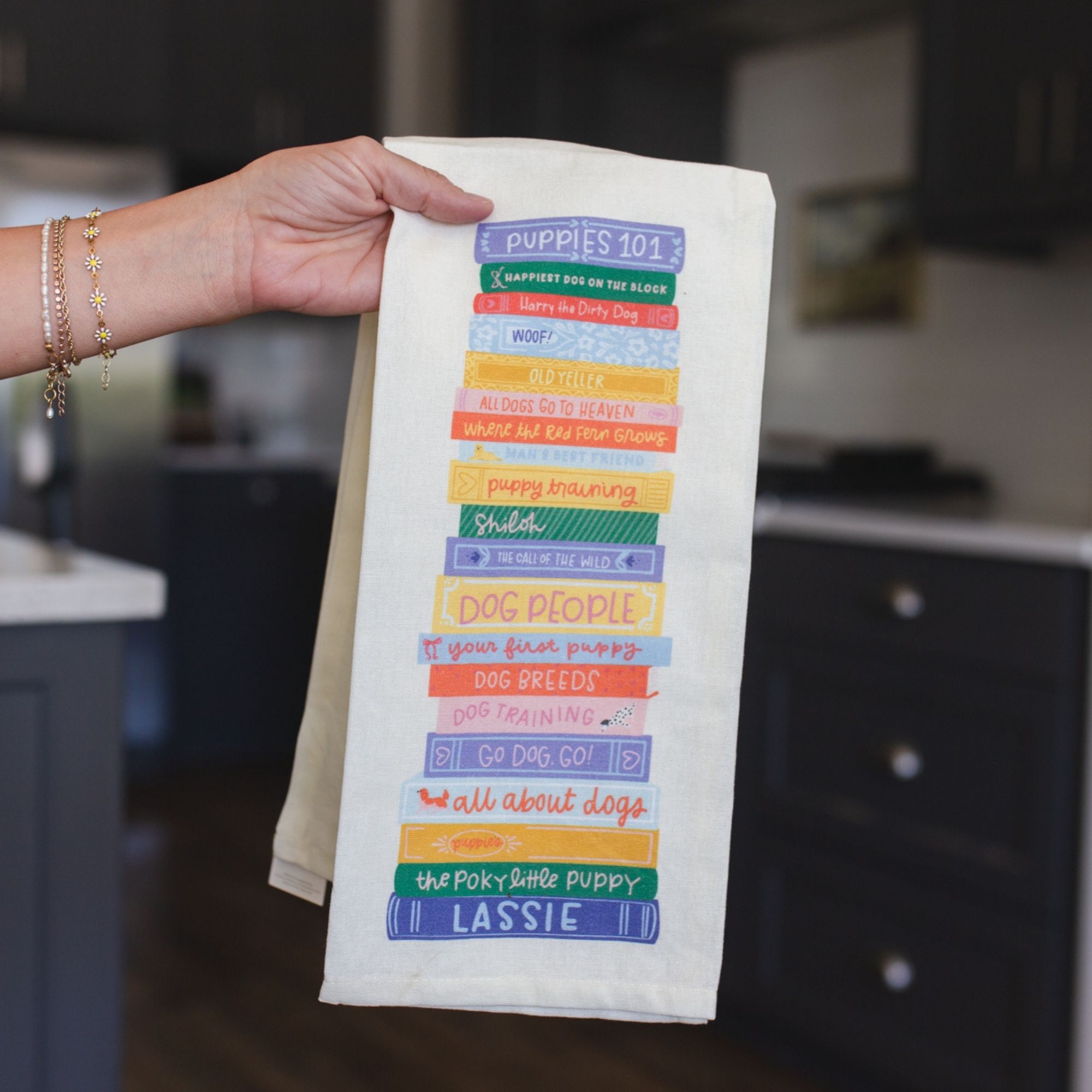 Dog Book Stack Tea Towel